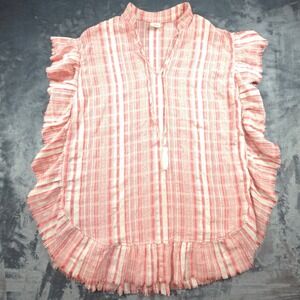 Hummingbird Red White Striped Ruffle Frayed Hem Cotton Boho Top HT13959A Large